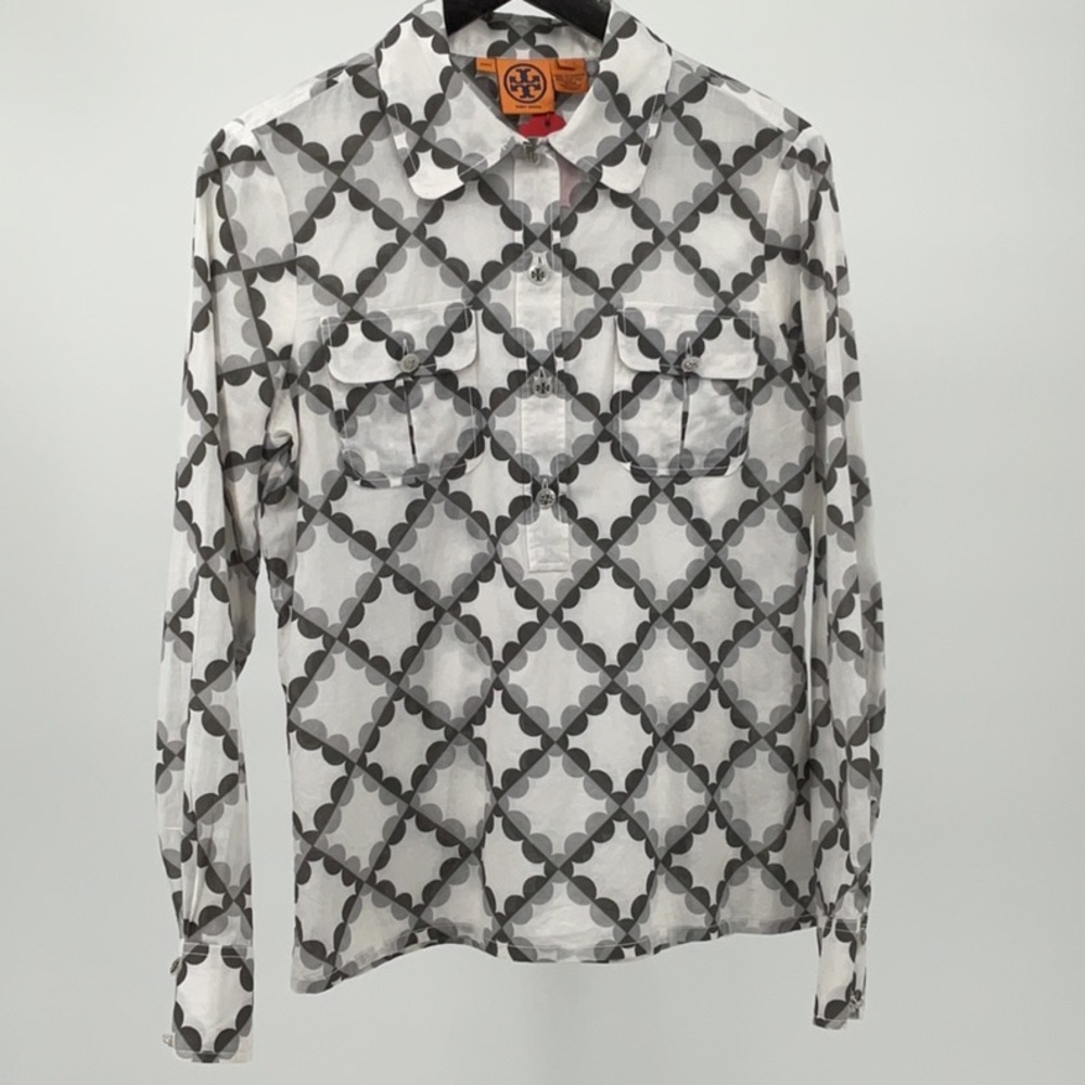 Tory Burch Logo Print Cotton Popover Utility Blouse Women’s 8 Gray White - Picture 10 of 14